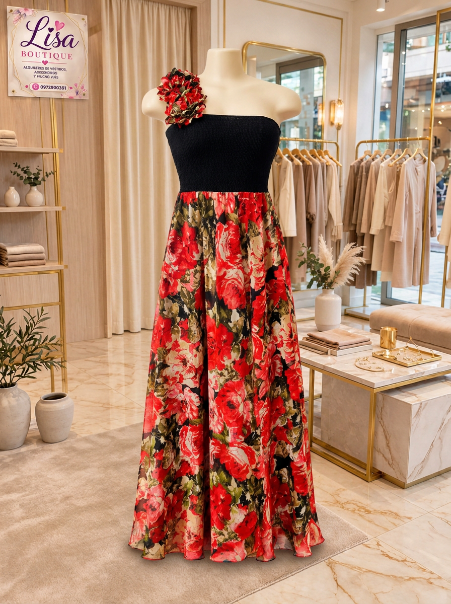 Vestido Vestido negro y rojo, Negro y flores rojas