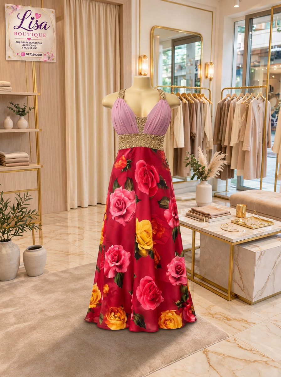 Vestido Vestido rosa, dorado y rojo, Rosa, dorado y flores rojas